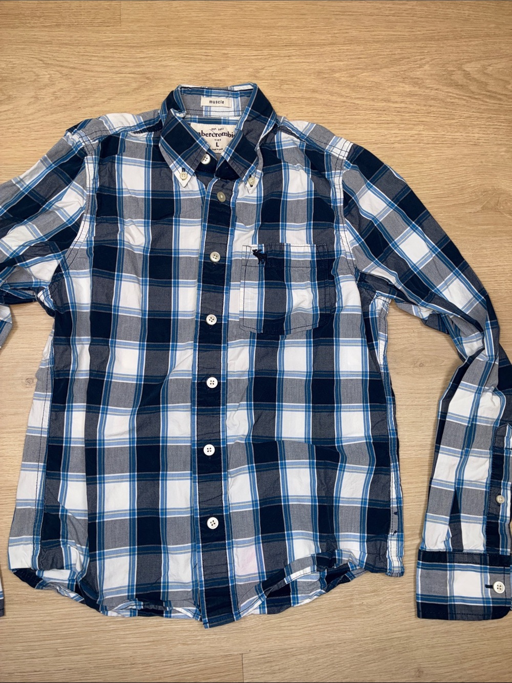 Abercrombie Kids Large Navy and White Plaid Button-Down Shirt - Picture 4 of 5